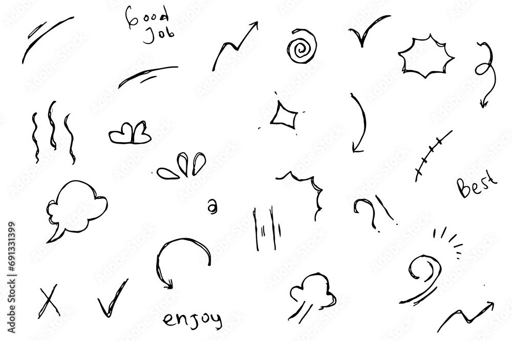 Doodle cute star, sparkle pen line elements set hand drawn icons. Doodle cute star, sparkle pen line elements set hand drawn icons.