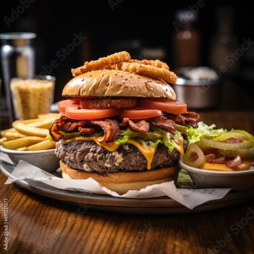 A mouth-watering image of a juicy hamburger piled high with lettuce  tomato  and cheese