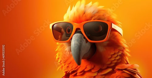 a parrot in sunglasses on an orange background
