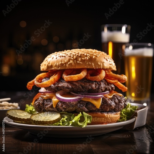 A mouth-watering image of a juicy hamburger piled high with lettuce, tomato, and cheese