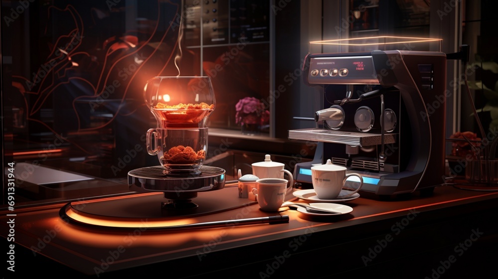 an elegant scene featuring a hightech coffee maker brewing a perfect