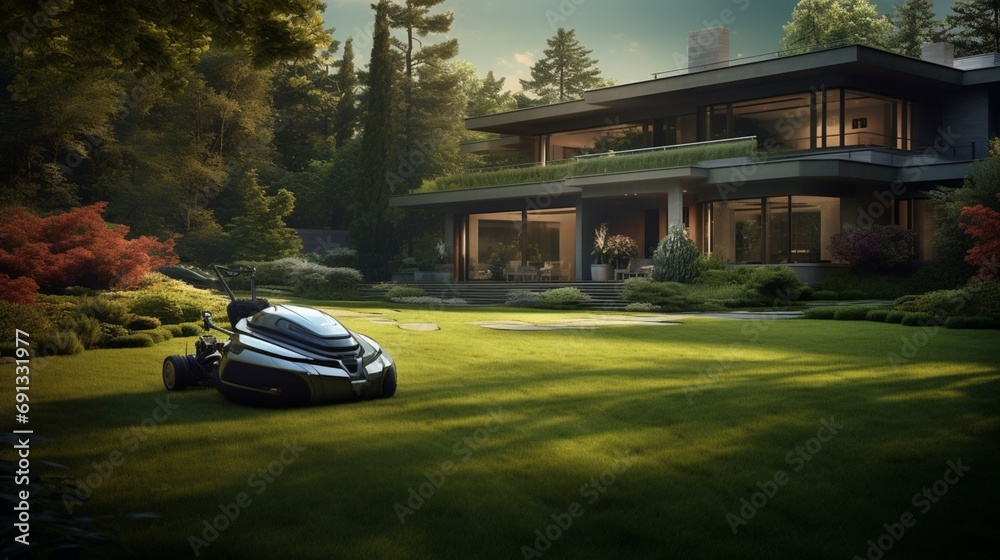 an elegant scene featuring a high-tech robotic lawn mower maintaining a pristine backyard, emphasizing its efficiency, precision, and the convenience it brings to modern lawn care