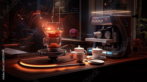 an elegant scene featuring a high-tech coffee maker brewing a perfect cup, emphasizing the rich aroma, intricate buttons, and the stylish design that elevates the coffee-making experience