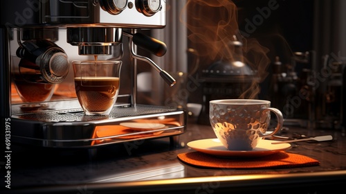 an elegant scene featuring a high-tech coffee maker brewing a perfect cup, emphasizing the rich aroma, intricate buttons, and the stylish design that elevates the coffee-making experience