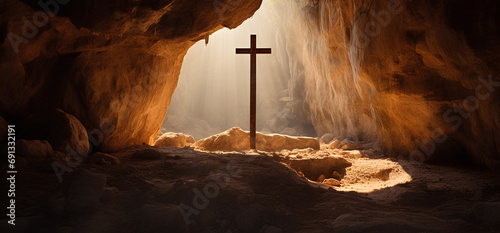 Christian easter background, He has risen, concept of tomb of Jesus photo
