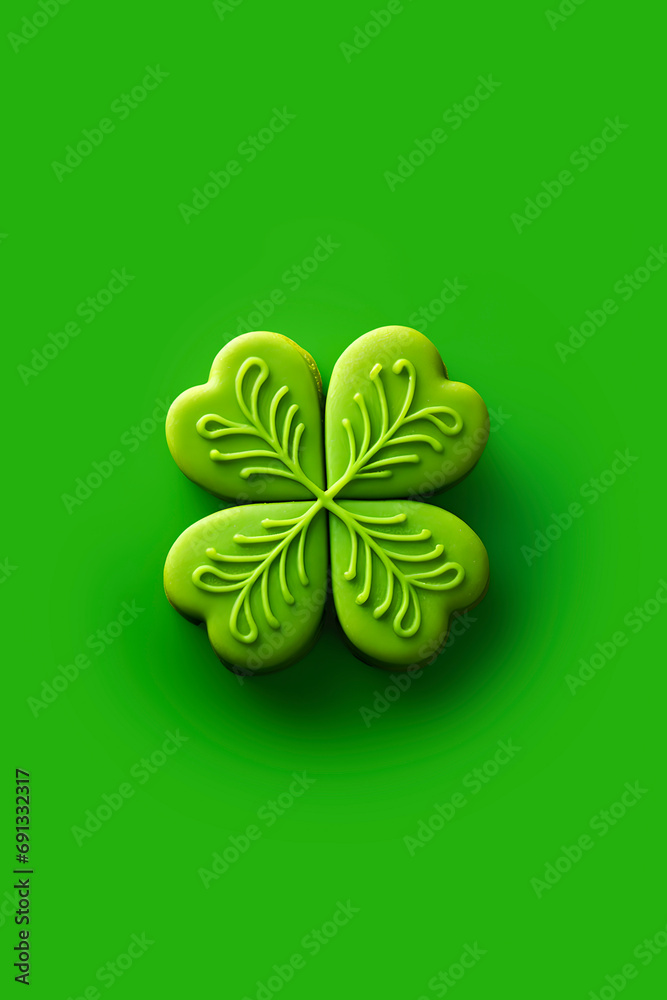St. Patricks Day symbol cookie in shape of clover leaf on green background. Minimalism. AI generated