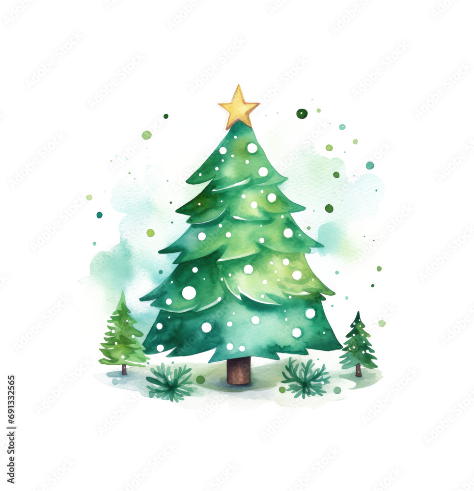 watercolor christmas tree, fir tree, transparent on white background PNG.