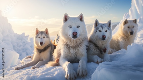 A team of husky sled dogs rest on sea ice  Greenland.