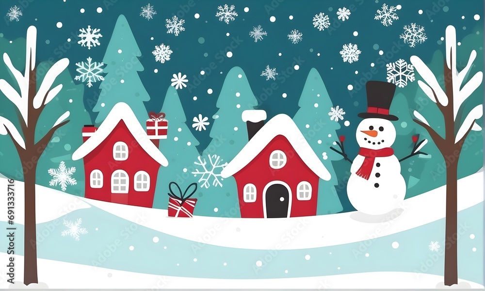 Cute Merry Christmas and New Year greeting card  design illustration with snowman