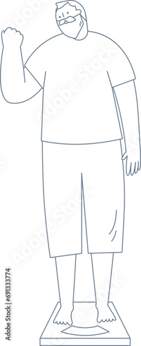 An elderly man is happy when he looks at the scale. He is raising one hand.