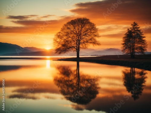 calm water sunset with warm hues mountain and tree silhouettes in the evening glow peaceful scenery image © Sadaqat