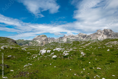 panoramic and scenic view of the wonderful Dolomite mountains and valleys in summer