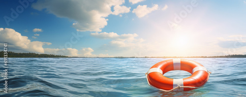 Lifebuoy floating on sea banner background with copy space and hopeful sun rays