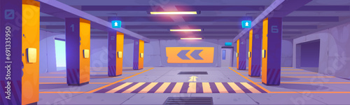 Underground parking in shopping mall. Vector cartoon illustration of basement garage in house, places for autos marked with numbers, crossing sign on ground, exit arrows showing direction, shelter