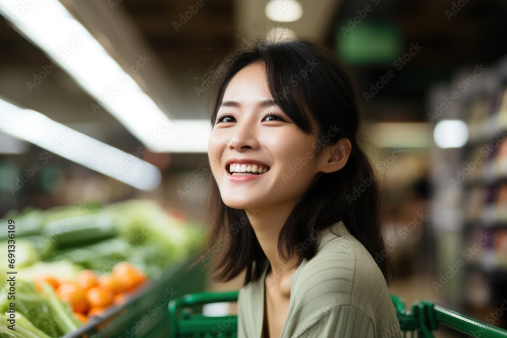 Asian woman with a shopping cart in the supermarket