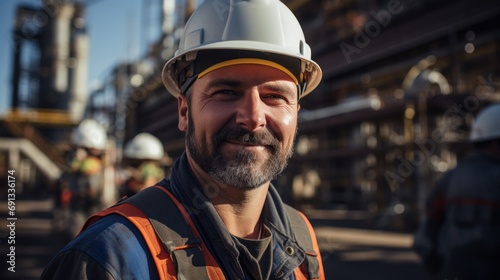 Caucasian Engineer in uniform and hard hat, worker industrial cement plant