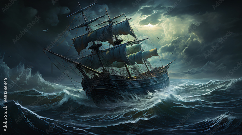 Ghost ship in the stormy sea - obrazy, fototapety, plakaty 