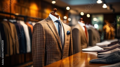 Classic suits in boutiques Elegant men's classic suits on shelves in luxury men's boutiques. photo