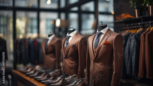 Classic suits in boutiques Elegant men's classic suits on shelves in luxury men's boutiques.