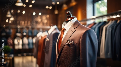 Classic suits in boutiques Elegant men's classic suits on shelves in luxury men's boutiques.