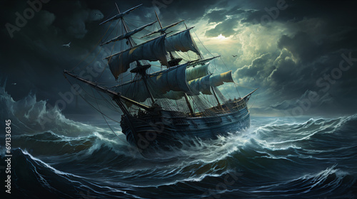 Ghost ship in the stormy sea photo