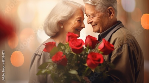 An elderly man gives a bouquet of red roses to an elderly lady. Love through the years. Valentine's Day. © masyastadnikova