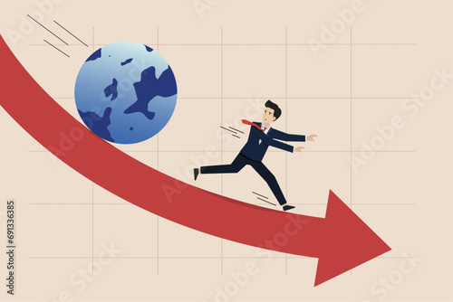 World economic recession, global financial crisis or international stock market crash, investment assets fall, frustrated businessman investors run from the fall of the earth.
