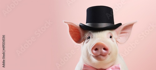 Cute little pig in black hat and bow tie on brown background. Happy Birthday, carnival, New Year's eve, sylvester or other festive celebration.