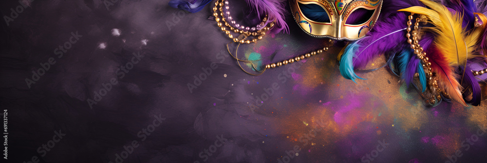Carnival mask on a violet background, suitable for design with copy space, Mardi Gras celebration. - obrazy, fototapety, plakaty 