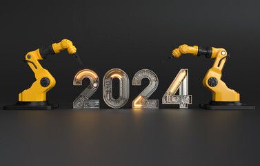 New year 2024 made from the mechanical alphabet with gear. 3D illustration