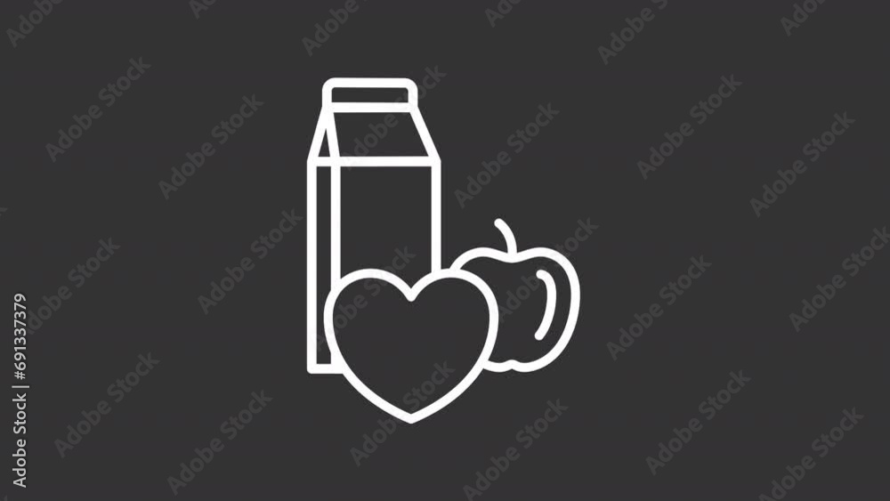 Food aid white line animation. Food products and heart animated icon