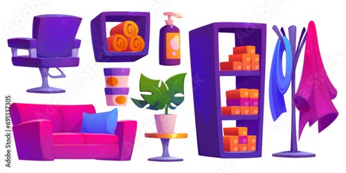 Beauty salon design elements set isolated on white background. Vector cartoon illustration of hairdresser armchair, hair dye boxes and clean towels on shelves, green plant on table, shampoo bottle