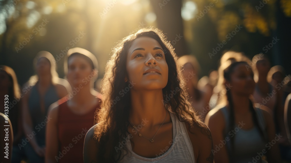 Fototapeta premium Yoga class doing breathing exercises at the park. Beautiful fit friends doing breath exercises together with outstretched