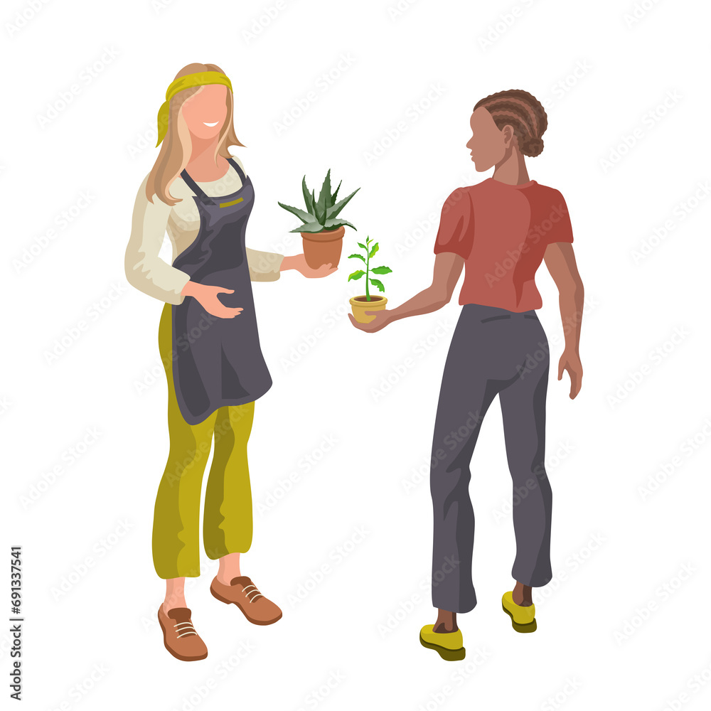 Florist and customer holding flower pots. Young girls with plants. Flower shop, consultant, and buyer. Isometric woman. Female florist and client carrying home plant. 3D Isometric vector illustration. Florist and customer holding flower pots. Young girls with plants. Flower shop, consultant, and buyer. Isometric woman. Female florist and client carrying home plant. 3D Isometric vector illustration.