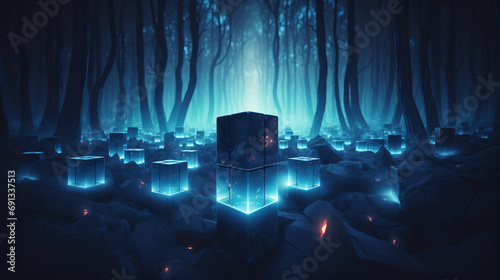 Glowing cube among other dark ones