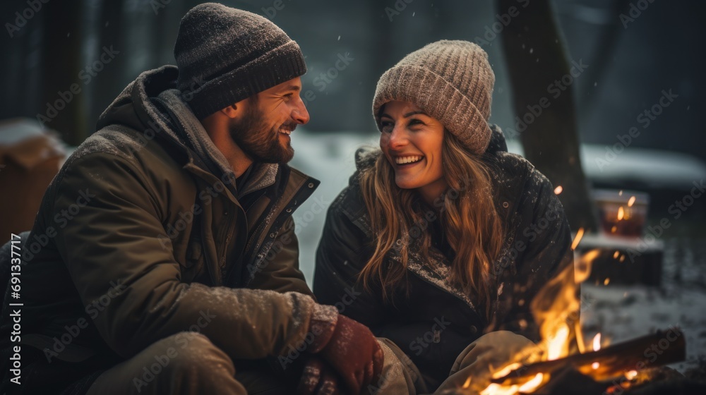 Happy couple resting in snow-covered forest Roast marshmallows over an open fire. and drink hot tea - obrazy, fototapety, plakaty 