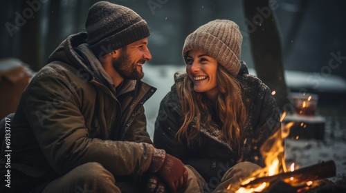 Happy couple resting in snow-covered forest Roast marshmallows over an open fire. and drink hot tea photo