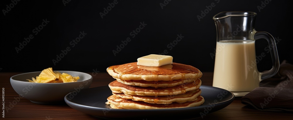 a plate of pancakes and a cup of milk is shown a plate of pancakes and a cup of milk is shown