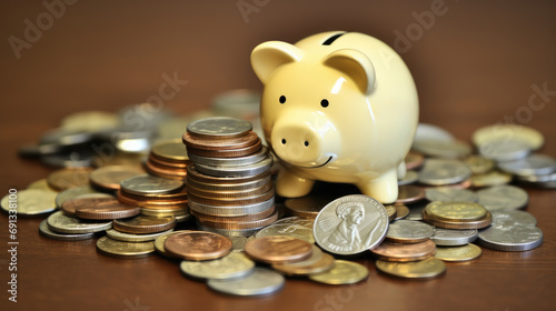 A piggy bank with the words "savings" written on it, surrounded by coins and ...