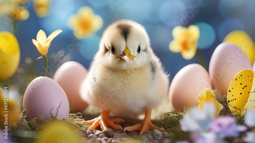 a cute chick hatching out of a speckled egg