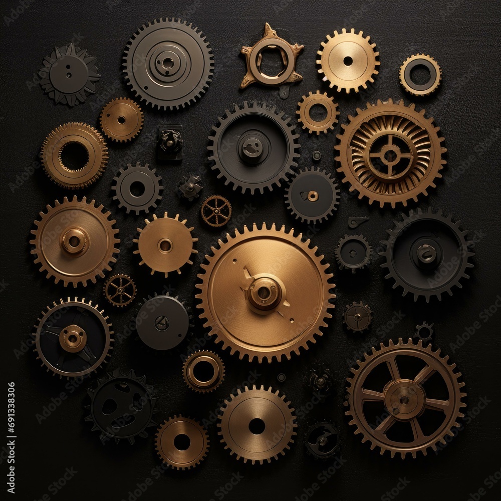 A collection of interlocked brass gears on a sleek dark metal backdrop, blending traditional materials with contemporary design. Generative AI.