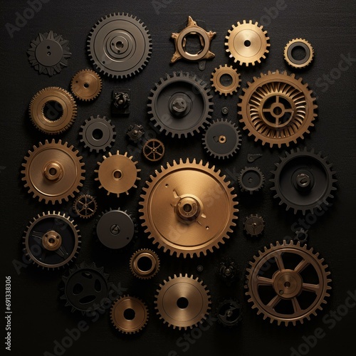 A collection of interlocked brass gears on a sleek dark metal backdrop, blending traditional materials with contemporary design. Generative AI.
