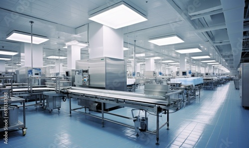 A modern frozen foods factory with automated machinery and packaging lines, ensuring efficient production of a variety of frozen meals. Generative AI. photo