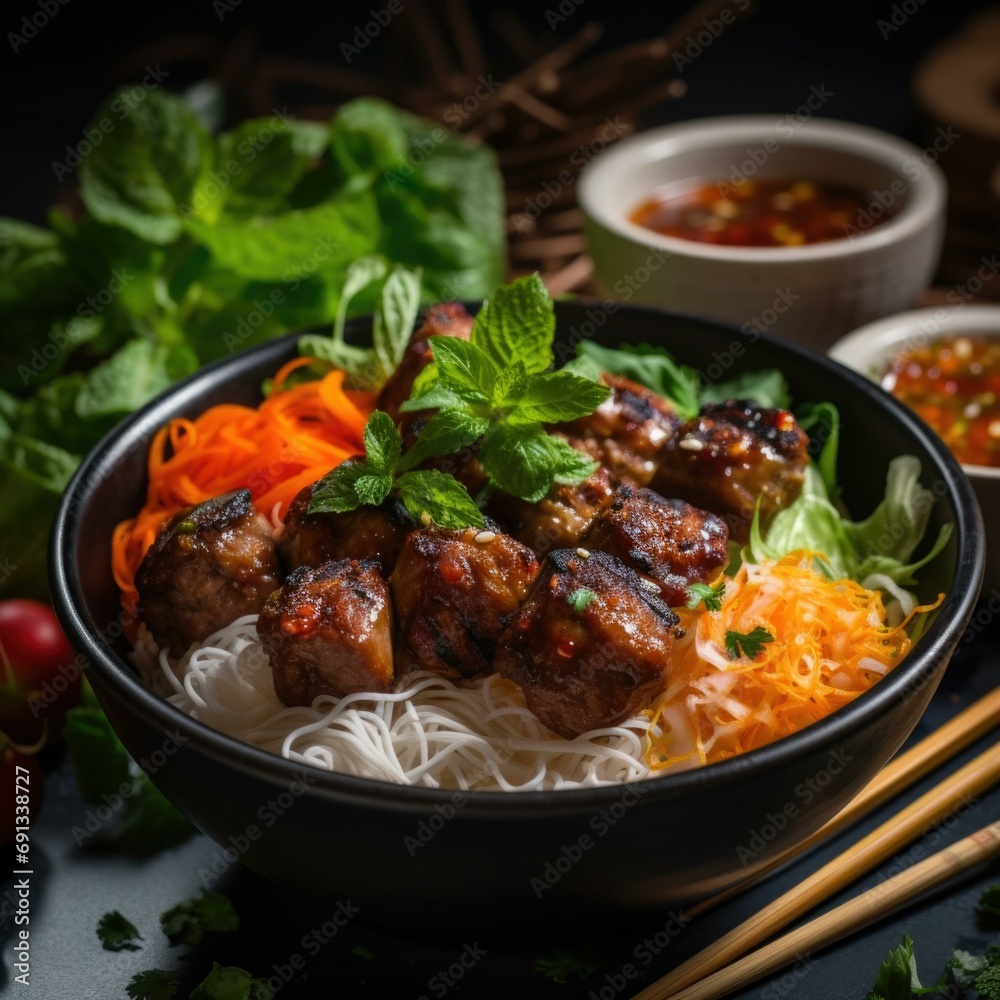 A delicious bowl of meat and vegetable stir-fry with chopsticks. Generative AI. A delicious bowl of meat and vegetable stir-fry with chopsticks. Generative AI.
