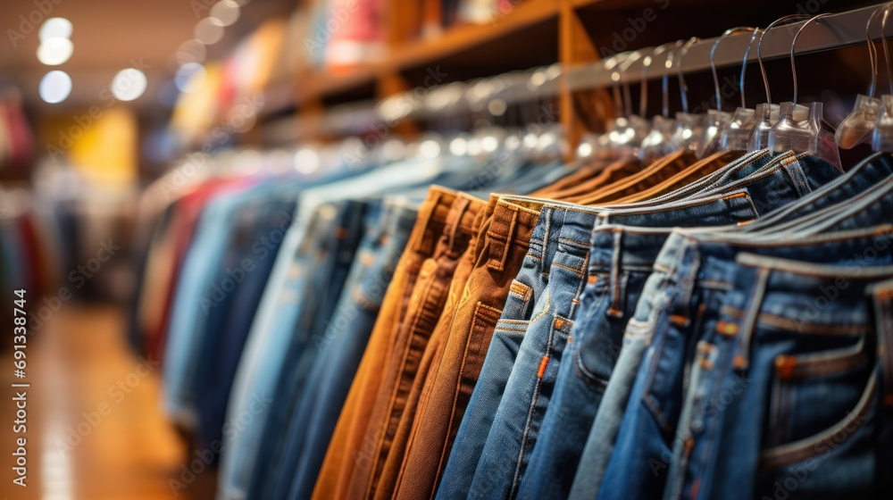 Men's denim jeans in a men's clothing store Stylish men's jeans on a trumpet in a clothing store - obrazy, fototapety, plakaty 