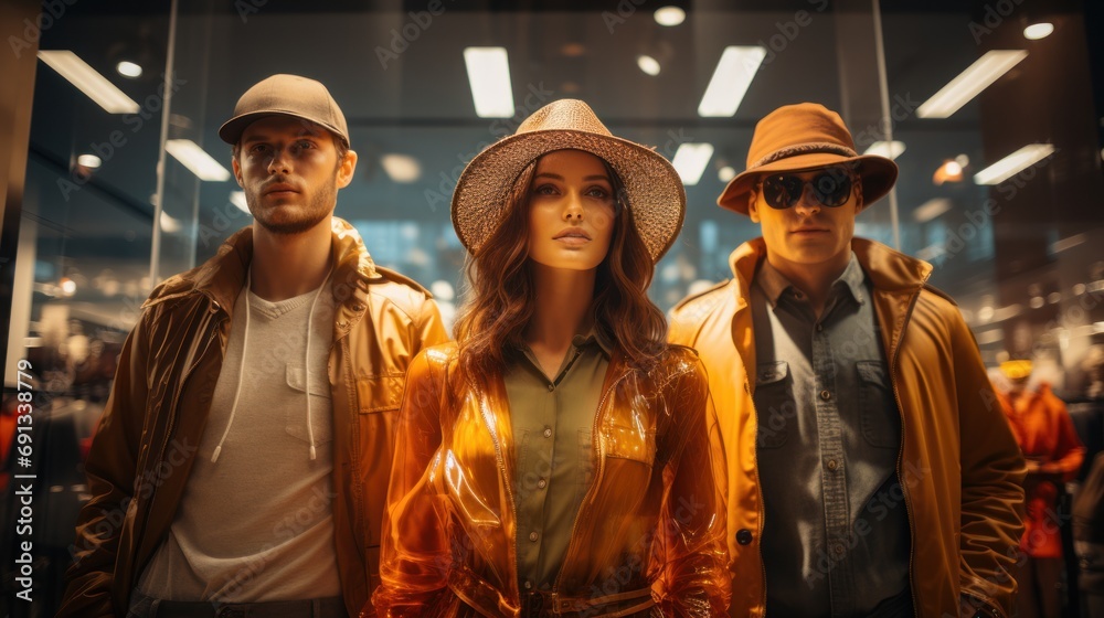 Men's and women's clothing store Three mannequins dressed in parkas, jackets, Men's and women's clothing store Three mannequins dressed in parkas, jackets,