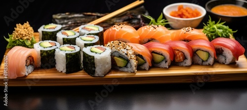 A beautifully arranged platter of assorted sushi rolls with pickled ginger, wasabi, and soy sauce. Generative AI.