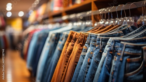 Men's denim jeans in a men's clothing store Stylish men's jeans on a trumpet in a clothing store photo