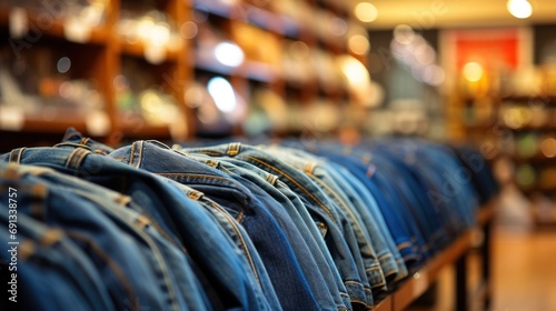 Men's denim jeans in a men's clothing store Stylish men's jeans on a trumpet in a clothing store