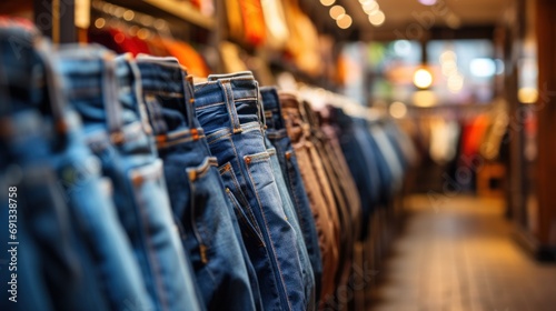 Men's denim jeans in a men's clothing store Stylish men's jeans on a trumpet in a clothing store © sirisakboakaew